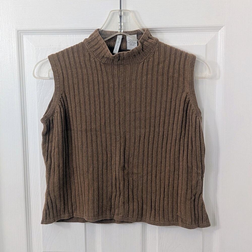 Via Seta Silk-Cashmere Ribbed Sleeveless Mock Neck Top – Brown – Size M